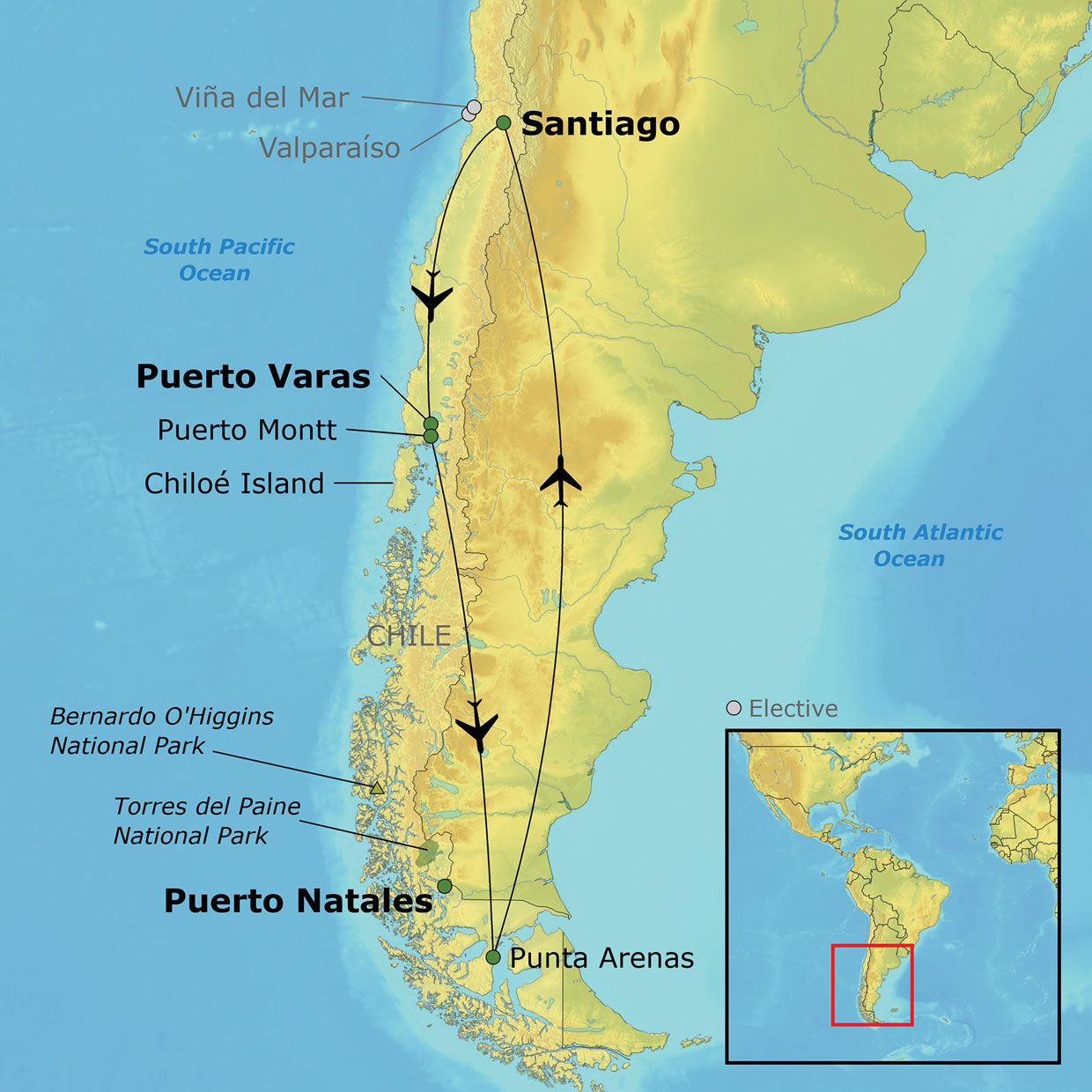 2023 Chilean Wonders ~ Lake District & Patagonia Tour Map